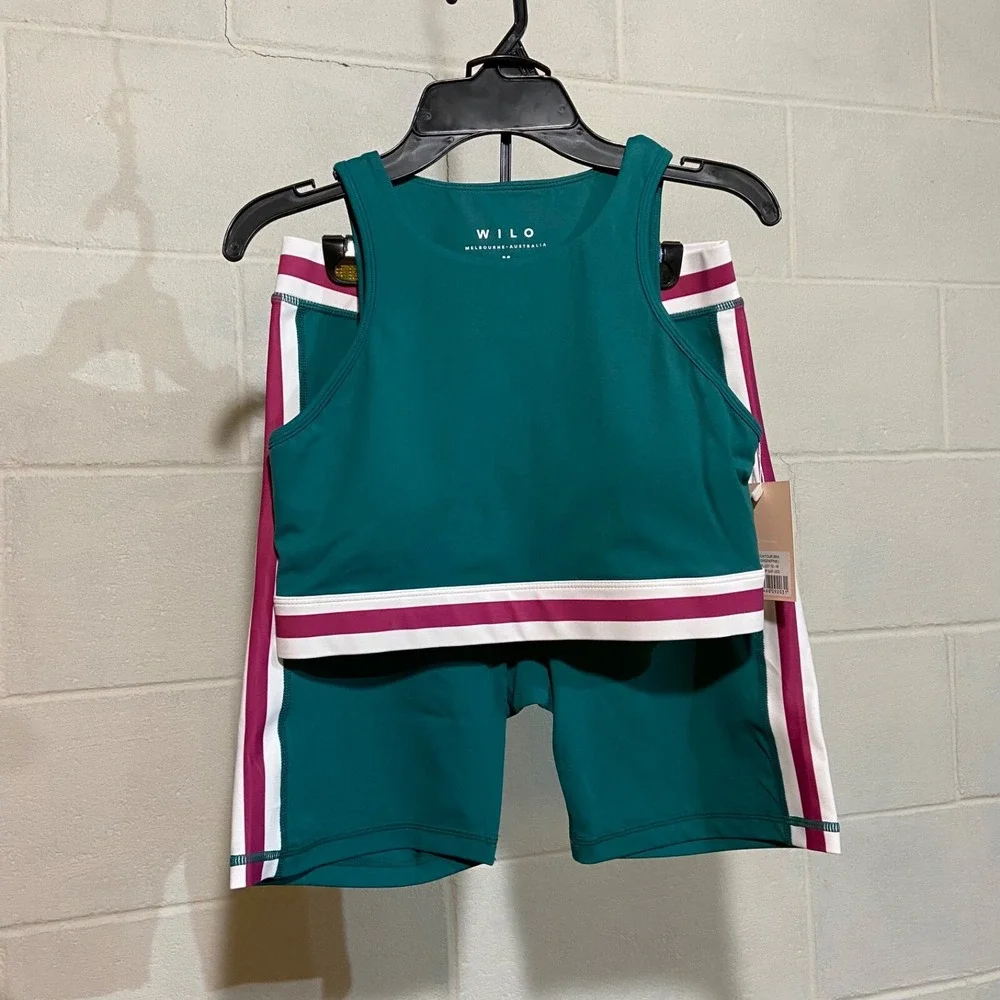 WILO the Label Women's‎ Contour Bra & Rib Bike Short Set M Green/Pink Activewear